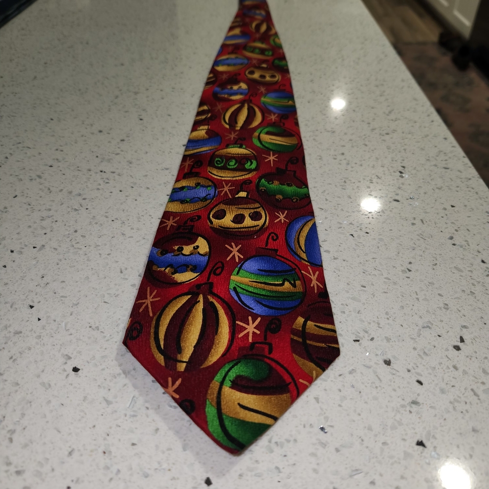 J. Jerry Garcia Red Silk Tie with Multicolor Ornament Motif Christmas